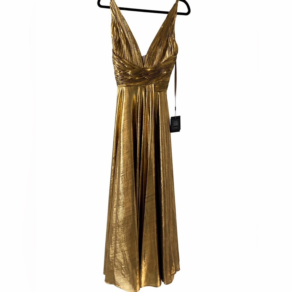 IEENA by Mac Duggal Gold Metallic Pleated Gown XS NWT